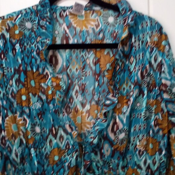 Kim Rogers Blouse Women L 3/4 Sleeve Simi Sheer Ruffle Open Tie Front Teal Brown - Picture 3 of 16